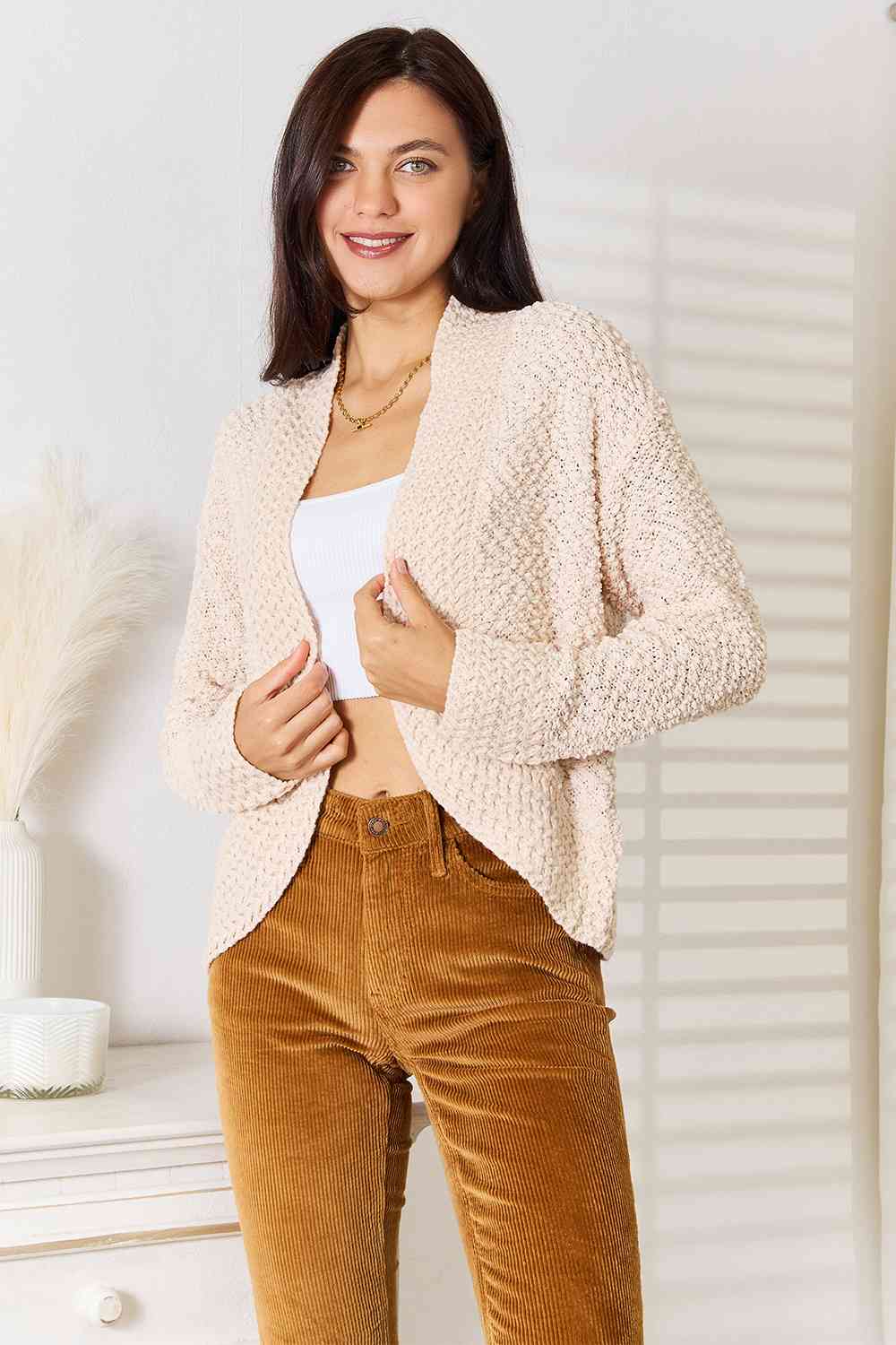 Double Take Open Front Long Sleeve Cardigan - AngelMar Fashion