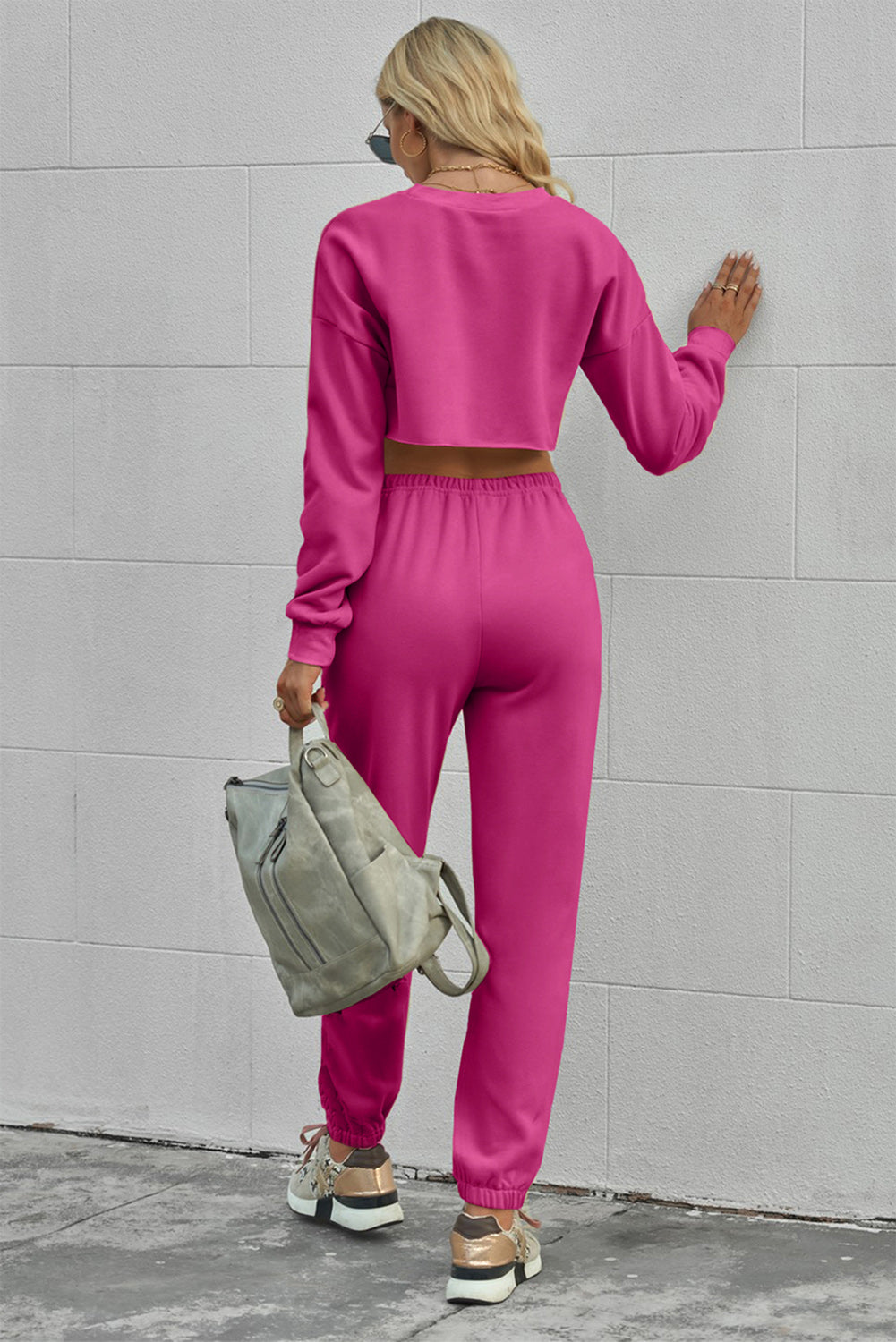 Round Neck Long Sleeve Cropped Top and Pants Set - AngelMar Fashion