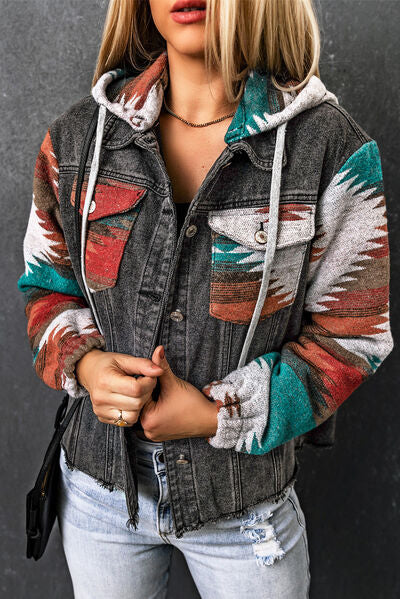 Drawstring Hooded Pocketed Denim Jacket - AngelMar Fashion