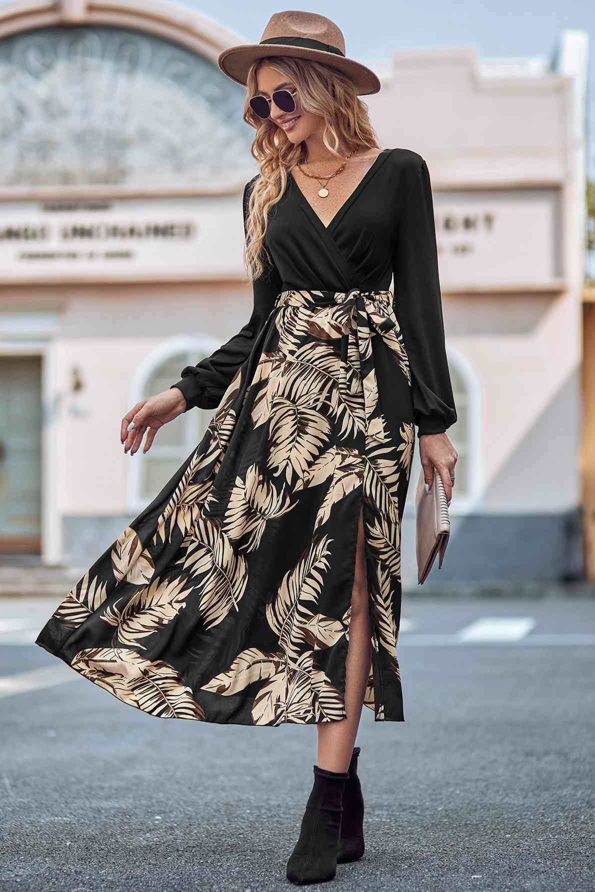 Printed Tie Waist Long Sleeve Dress - AngelMar Fashion