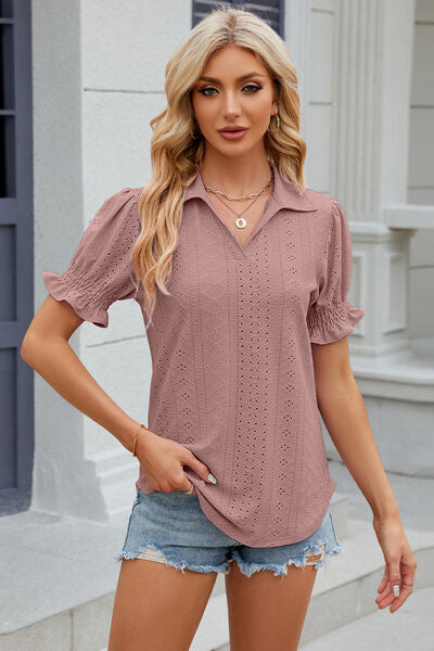 Eyelet Johnny Collar Short Sleeve Blouse - AngelMar Fashion