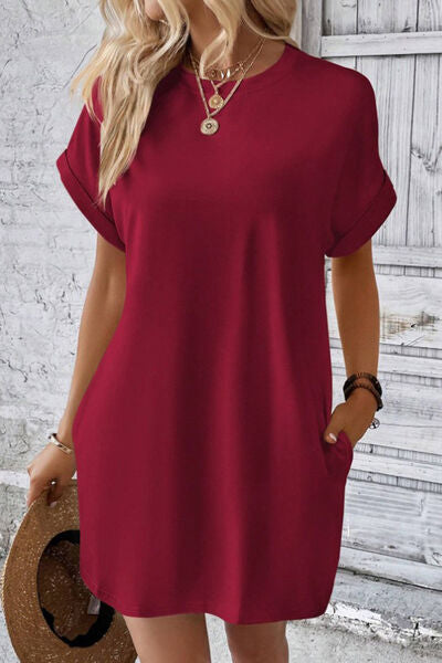 Pocketed Round Neck Short Sleeve Dress - AngelMar Fashion