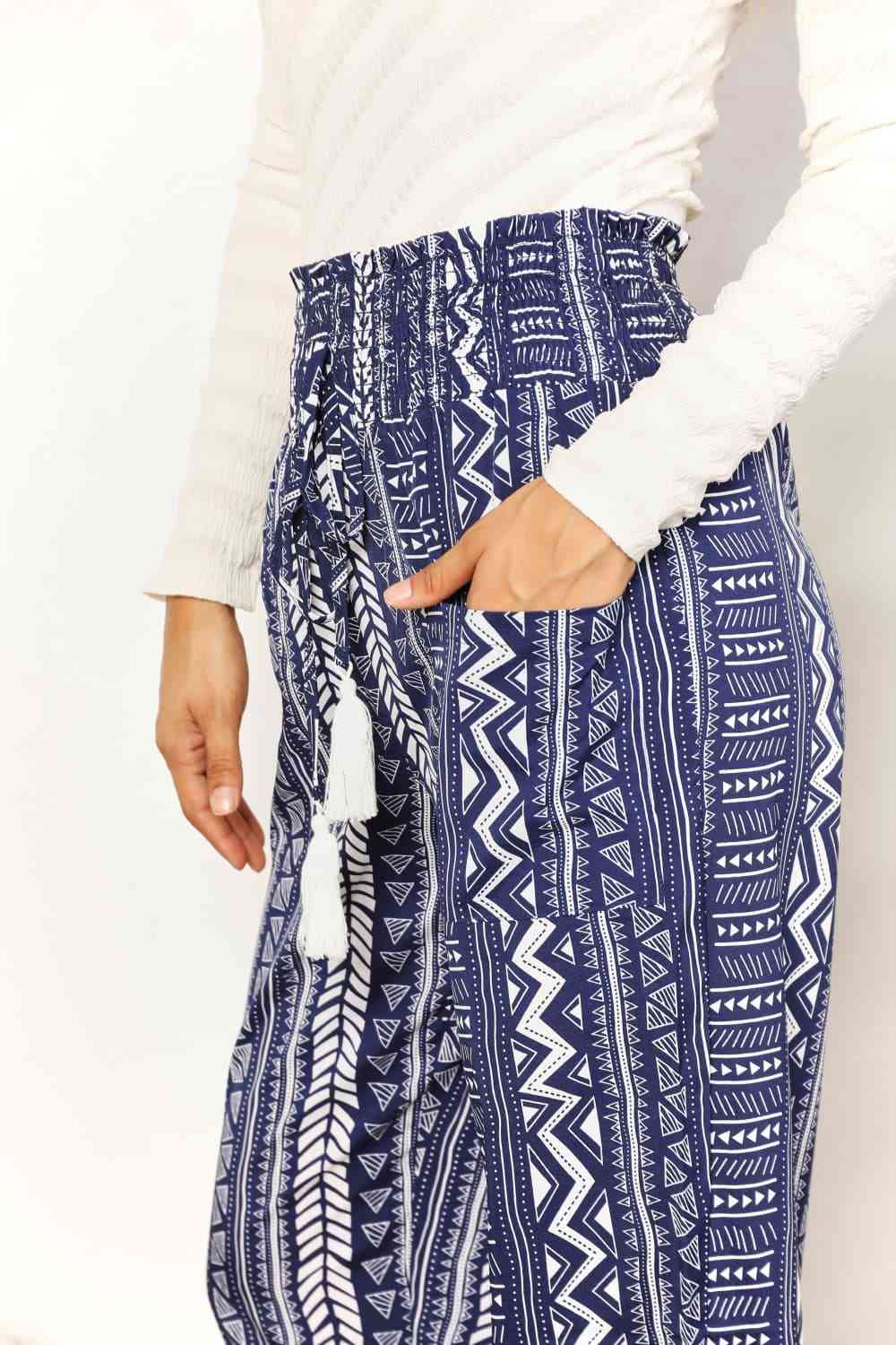 Double Take Geometric Print Tassel High-Rise Pants - AngelMar Fashion