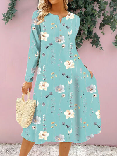 Floral Notched Long Sleeve Midi Dress - AngelMar Fashion