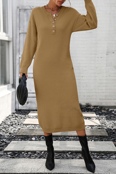 Decorative Button Notched Dropped Shoulder Sweater Dress - AngelMar Fashion