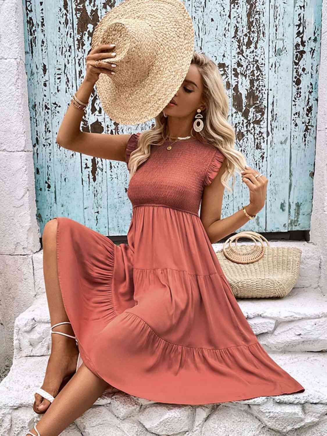 Smocked Round Neck Tiered Dress - AngelMar Fashion