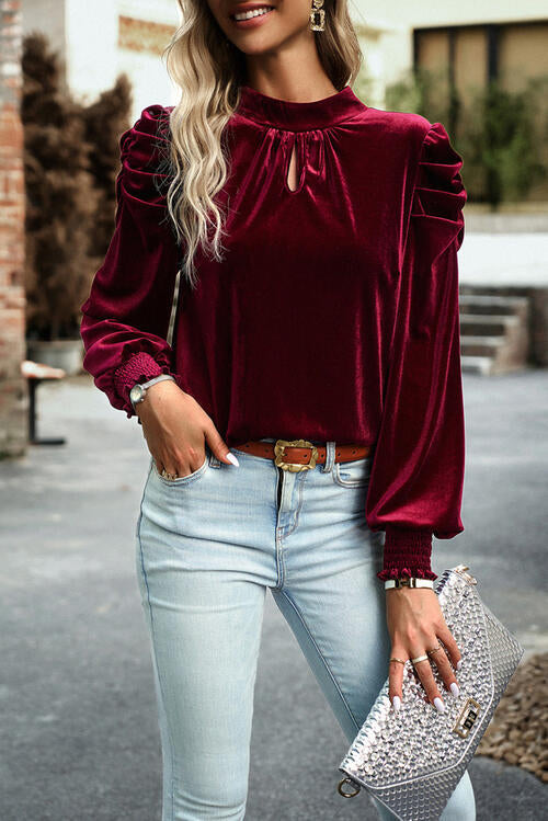 Tie Up Mock Neck Velvet Fabric Long Sleeve Blouse - AngelMar Fashion