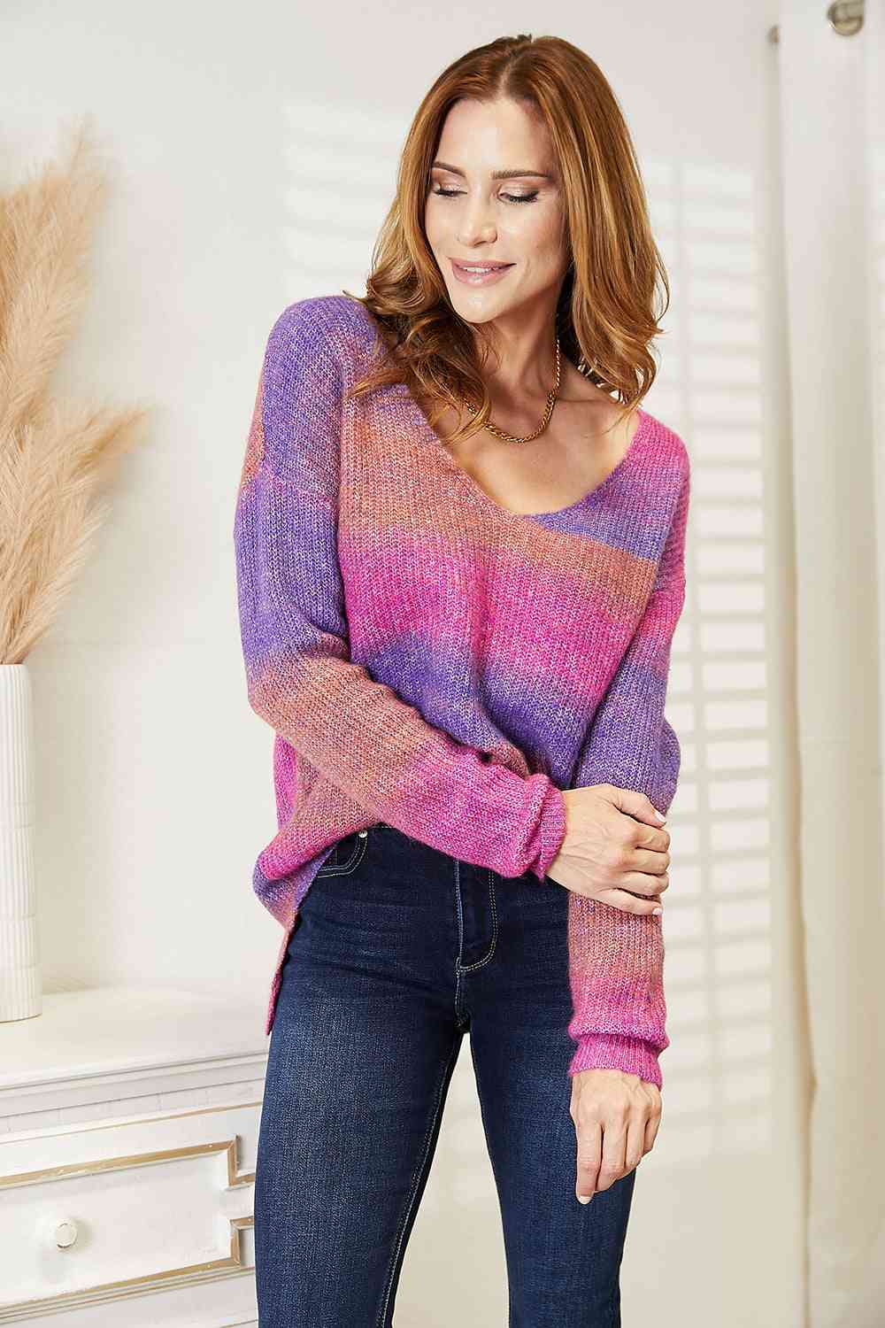 Double Take Multicolored Rib-Knit V-Neck Knit Pullover - AngelMar Fashion