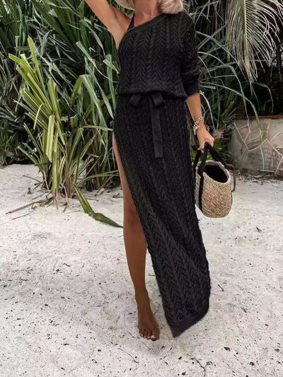 Slit Openwork Single Shoulder Knit Dress - AngelMar Fashion