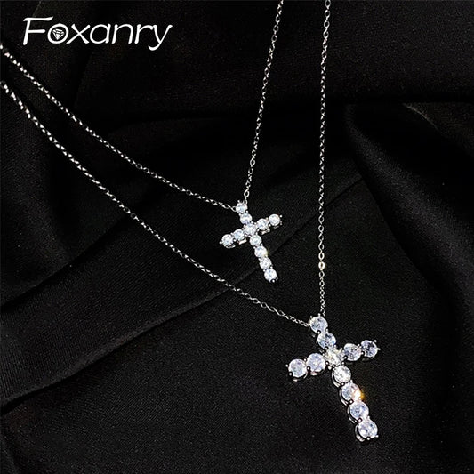 Foxanry Bling Zircon Necklace For Women Romantic Simple New Personality Cross Pendant Engagement Party Jewelry Gifts Wholesale - AngelMar Fashion
