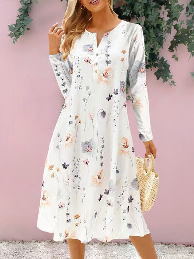 Floral Notched Long Sleeve Midi Dress - AngelMar Fashion