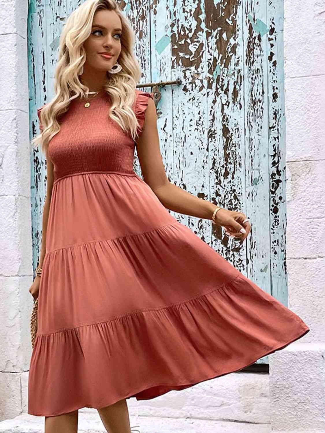 Smocked Round Neck Tiered Dress - AngelMar Fashion