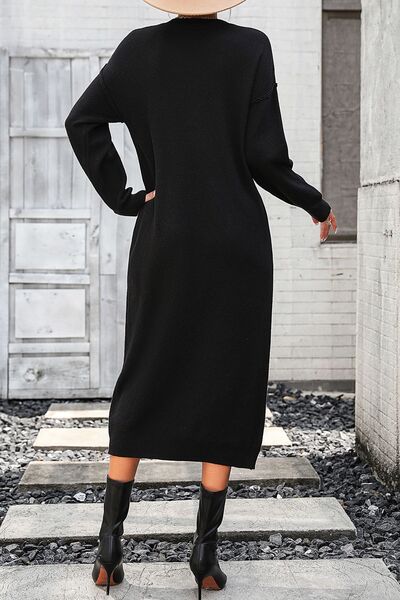 Decorative Button Notched Dropped Shoulder Sweater Dress - AngelMar Fashion