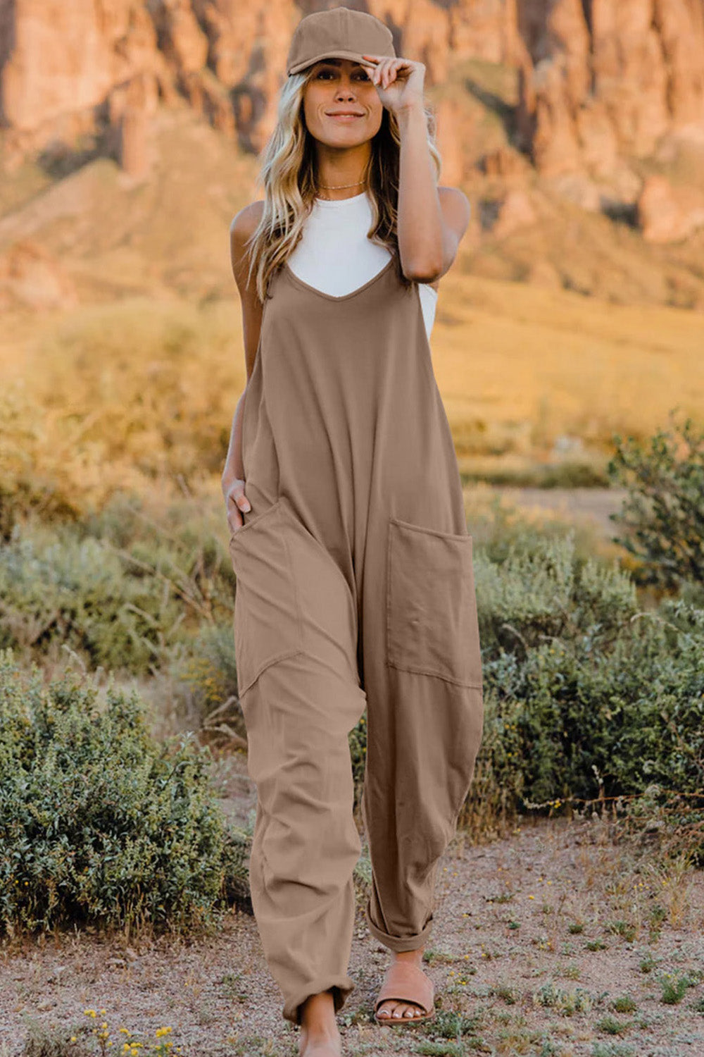 Double Take Full Size V-Neck Sleeveless Jumpsuit with Pockets - AngelMar Fashion