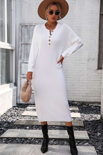 Decorative Button Notched Dropped Shoulder Sweater Dress - AngelMar Fashion