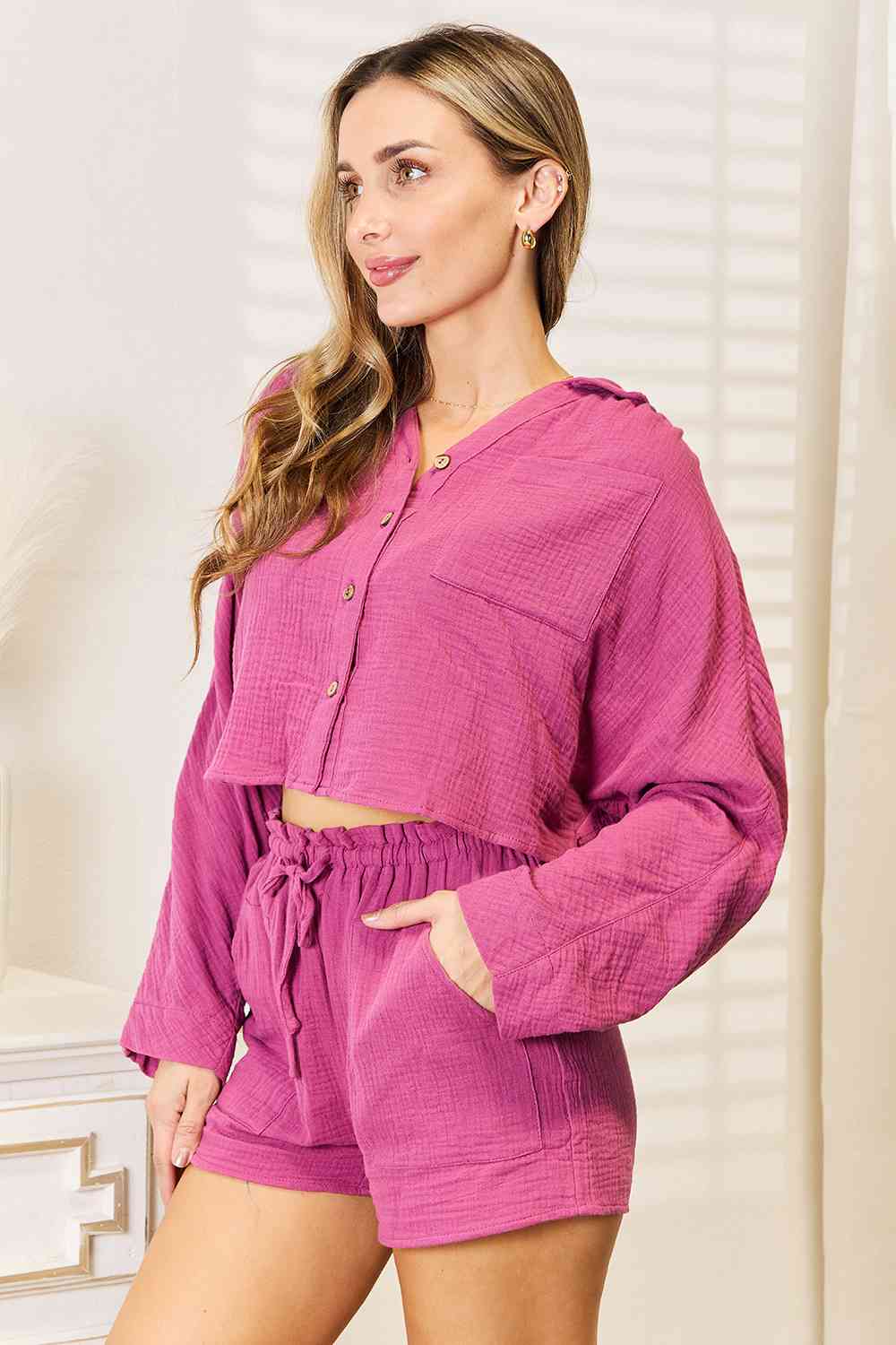 Basic Bae Buttoned Long Sleeve Top and Shorts Set - AngelMar Fashion