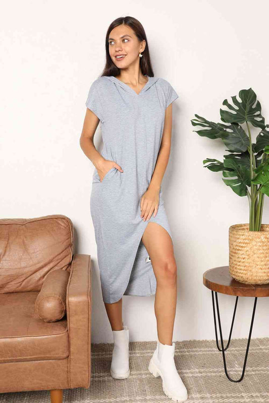 Double Take Short Sleeve Front Slit Hooded Dress - AngelMar Fashion