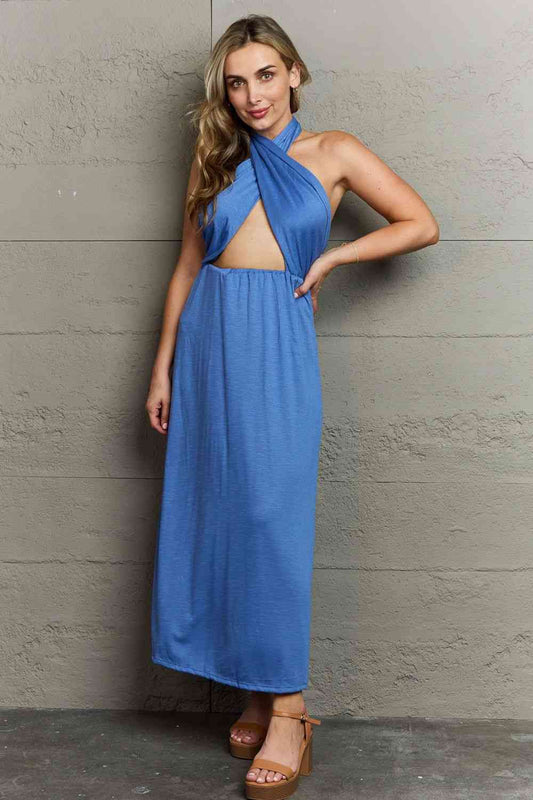 Ninexis Know Your Worth Criss Cross Halter Neck Maxi Dress - AngelMar Fashion