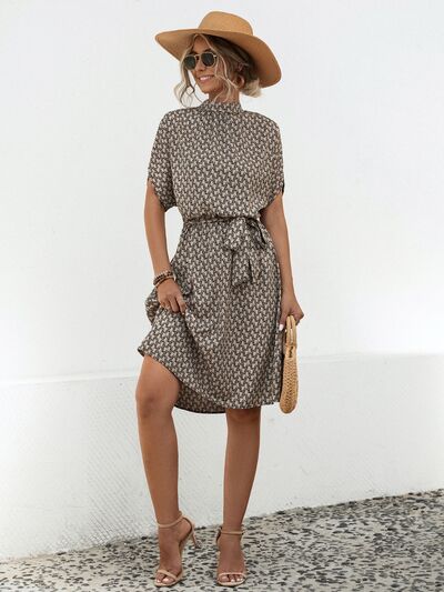 Tied Printed Mock Neck Short Sleeve Dress - AngelMar Fashion