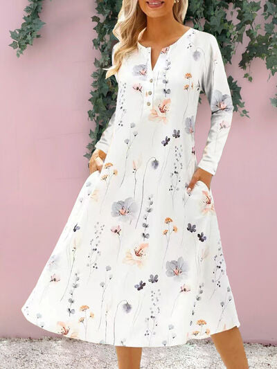 Floral Notched Long Sleeve Midi Dress - AngelMar Fashion