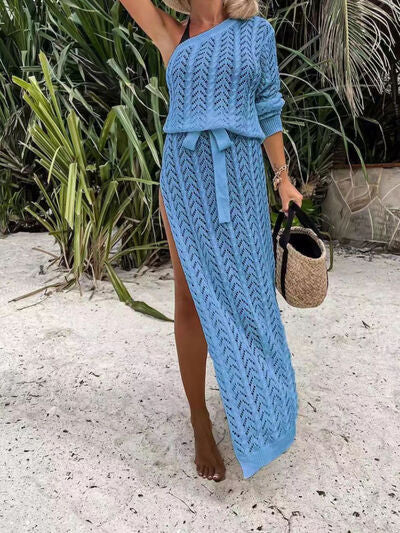 Slit Openwork Single Shoulder Knit Dress - AngelMar Fashion