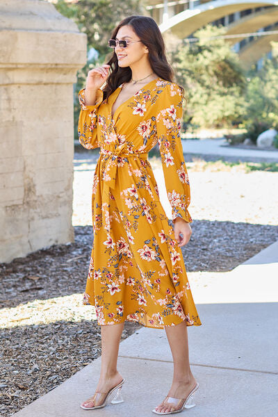 Double Take Full Size Floral Tie Back Flounce Sleeve Dress - AngelMar Fashion