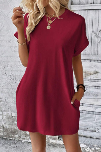 Pocketed Round Neck Short Sleeve Dress - AngelMar Fashion