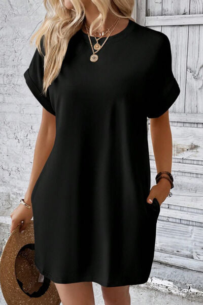 Pocketed Round Neck Short Sleeve Dress - AngelMar Fashion