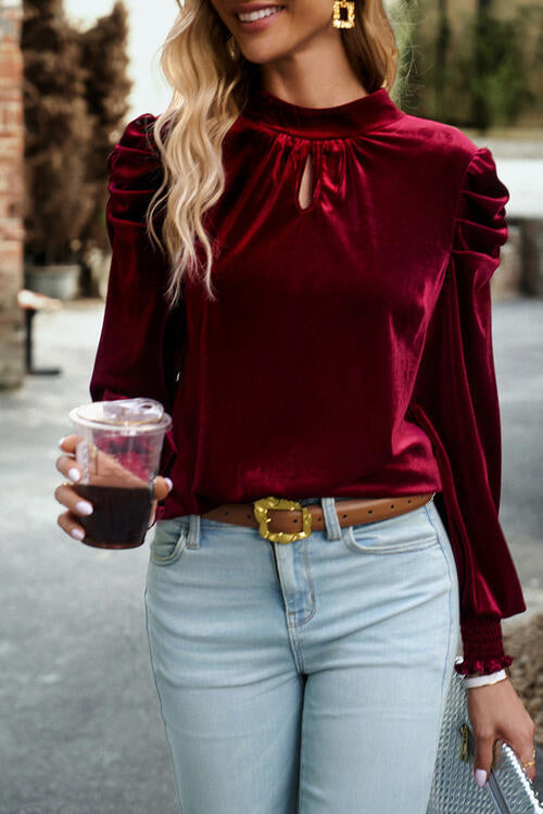 Tie Up Mock Neck Velvet Fabric Long Sleeve Blouse - AngelMar Fashion