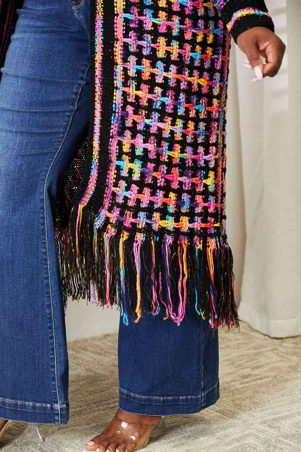 Double Take Full Size Multicolored Open Front Fringe Hem Cardigan - AngelMar Fashion