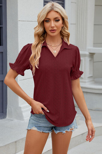 Eyelet Johnny Collar Short Sleeve Blouse - AngelMar Fashion