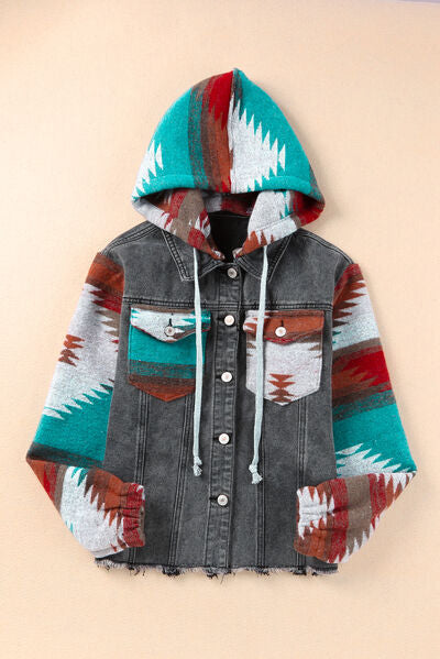 Drawstring Hooded Pocketed Denim Jacket - AngelMar Fashion