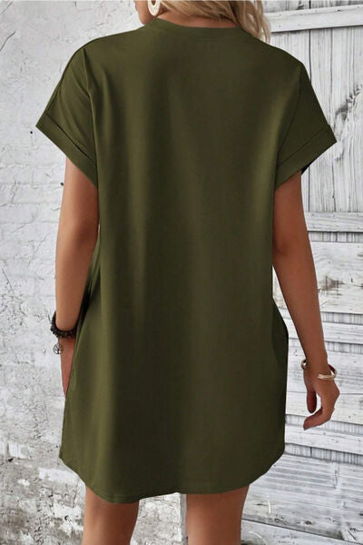 Pocketed Round Neck Short Sleeve Dress - AngelMar Fashion