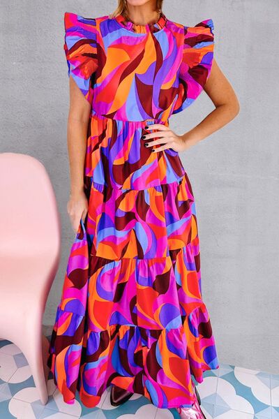 Printed Mock Neck Tiered Dress