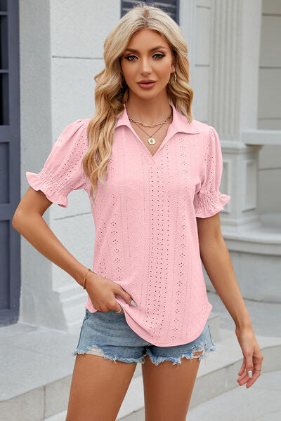 Eyelet Johnny Collar Short Sleeve Blouse - AngelMar Fashion