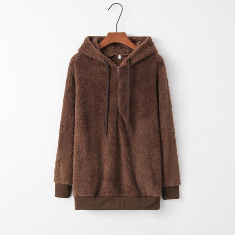 Quarter Zip Drawstring Teddy Hoodie