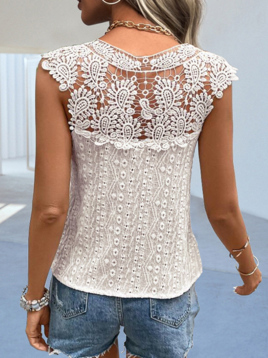 Cutout Lace Detail Notched Blouse - AngelMar Fashion