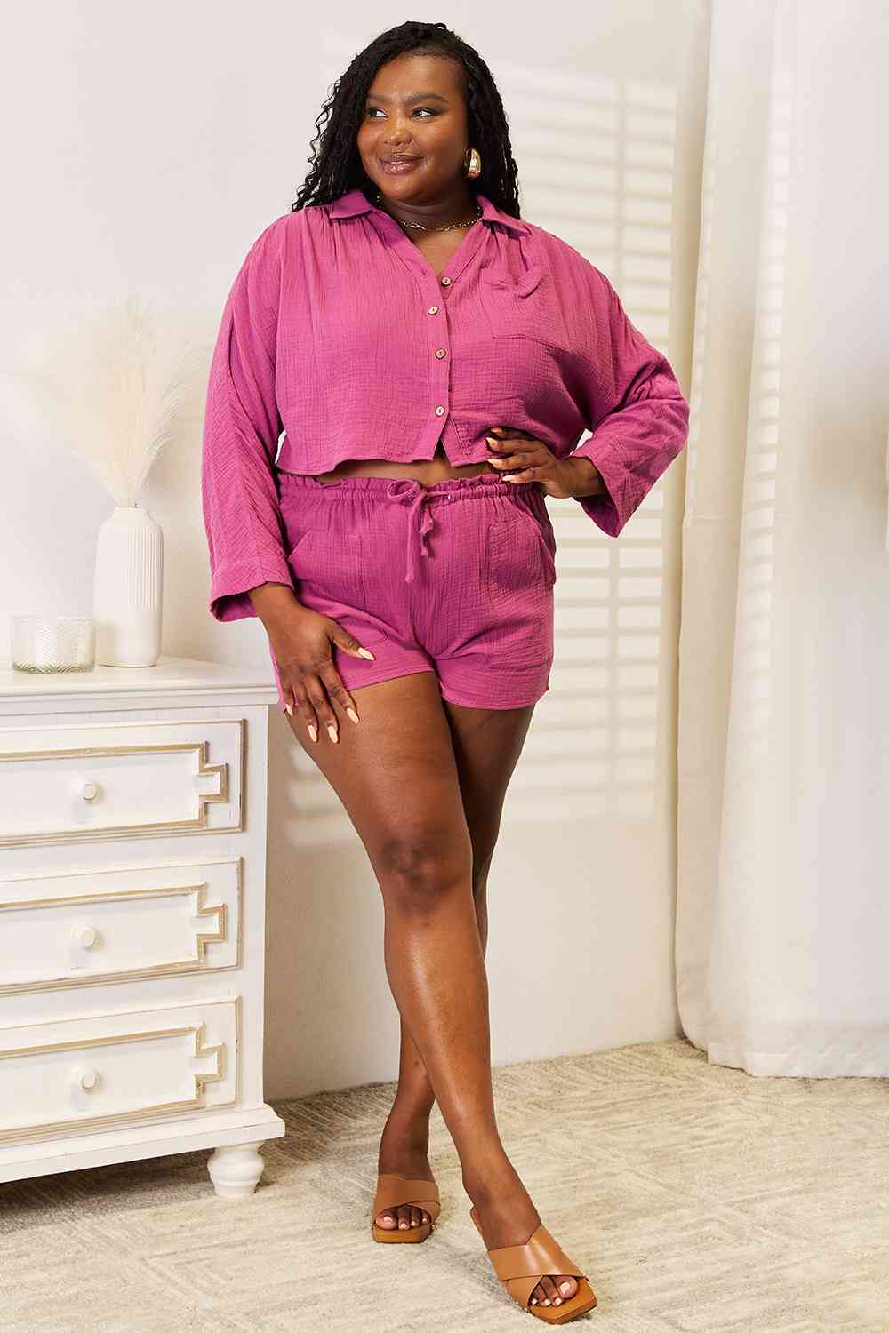 Basic Bae Buttoned Long Sleeve Top and Shorts Set - AngelMar Fashion