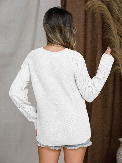 Openwork Round Neck Raglan Sleeve Sweater - AngelMar Fashion