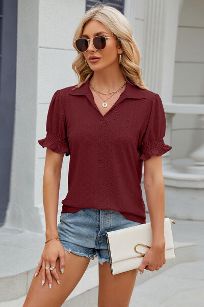 Eyelet Johnny Collar Short Sleeve Blouse - AngelMar Fashion