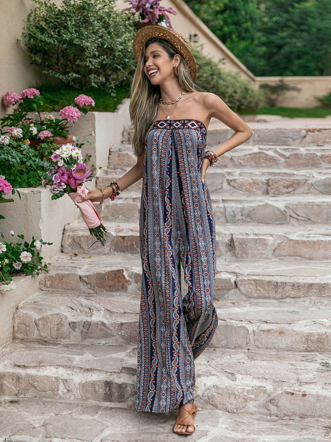 Tied Printed Tube Wide Leg Jumpsuit - AngelMar Fashion