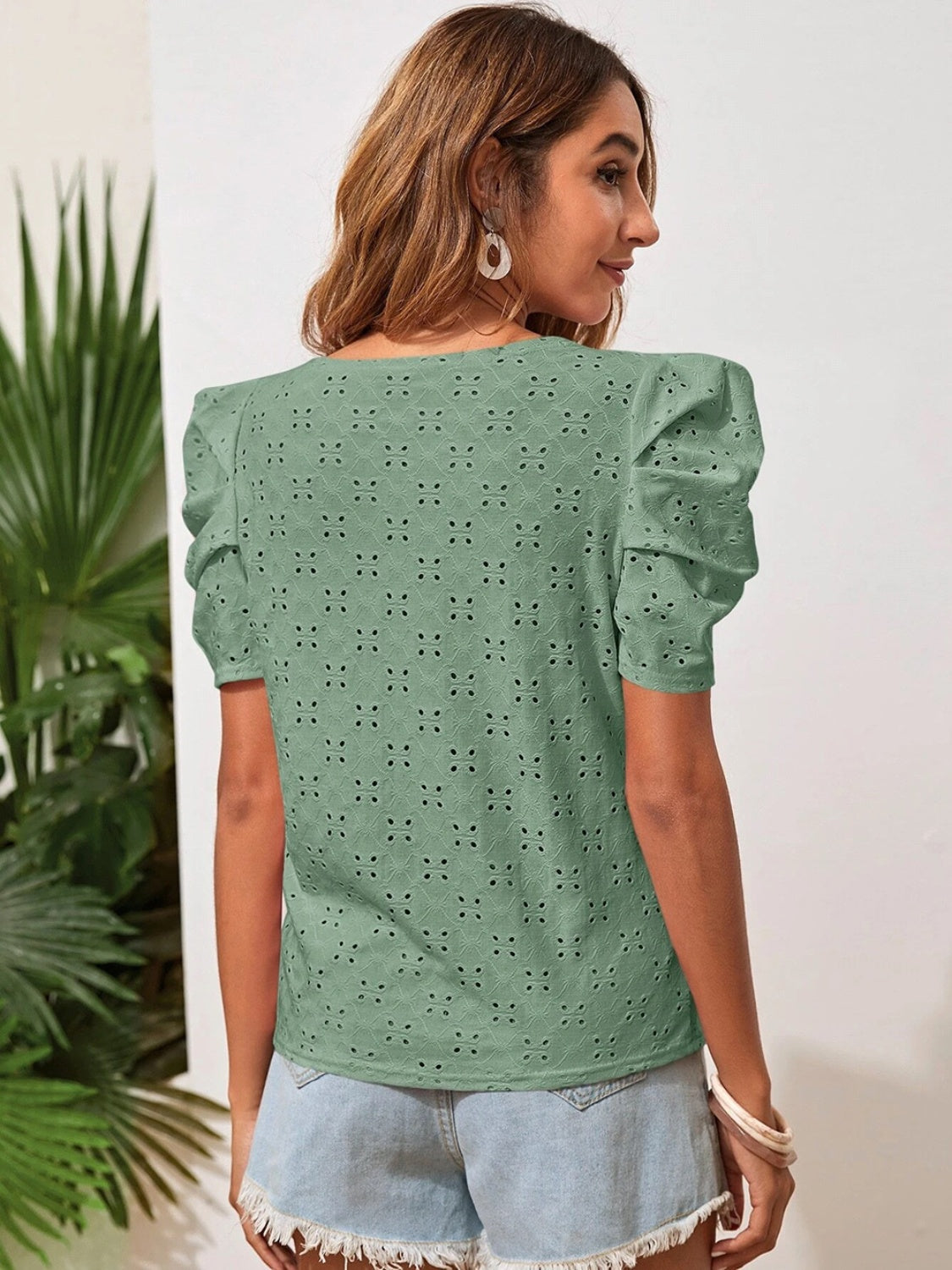 Eyelet Round Neck Puff Sleeve Blouse - AngelMar Fashion