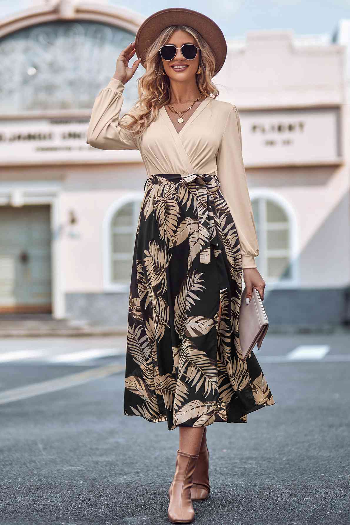 Printed Tie Waist Long Sleeve Dress - AngelMar Fashion