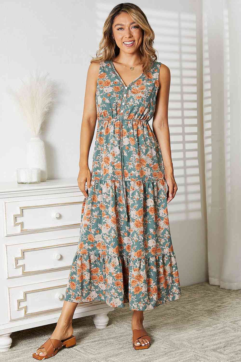 Double Take Floral V-Neck Tiered Sleeveless Dress - AngelMar Fashion