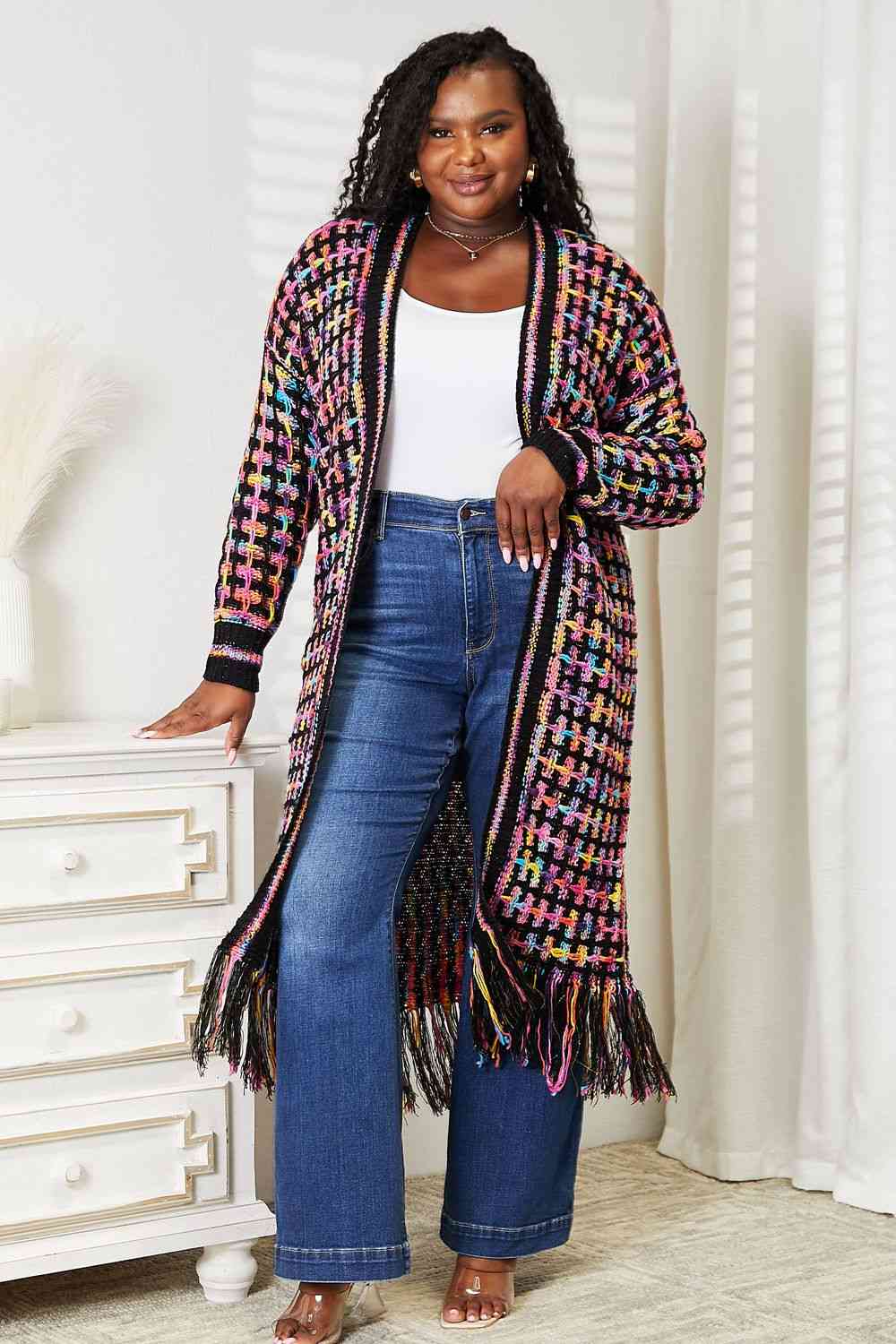 Double Take Full Size Multicolored Open Front Fringe Hem Cardigan - AngelMar Fashion