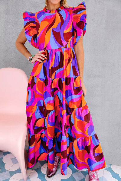 Printed Mock Neck Tiered Dress