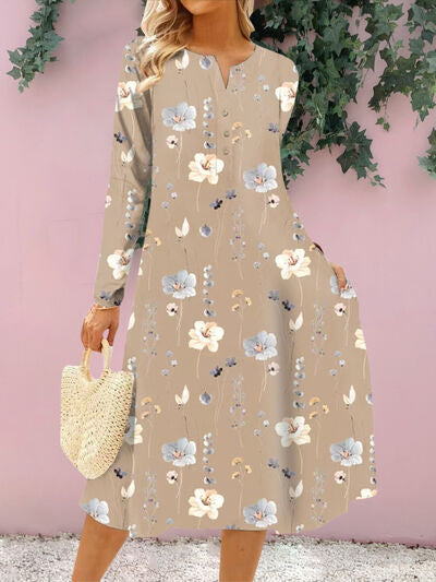 Floral Notched Long Sleeve Midi Dress - AngelMar Fashion