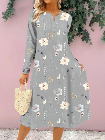 Floral Notched Long Sleeve Midi Dress - AngelMar Fashion