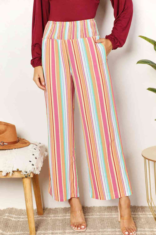 Double Take Striped Smocked Waist Pants with Pockets - AngelMar Fashion