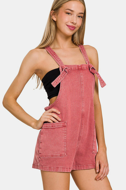 Zenana Washed Knot Strap Rompers - AngelMar Fashion